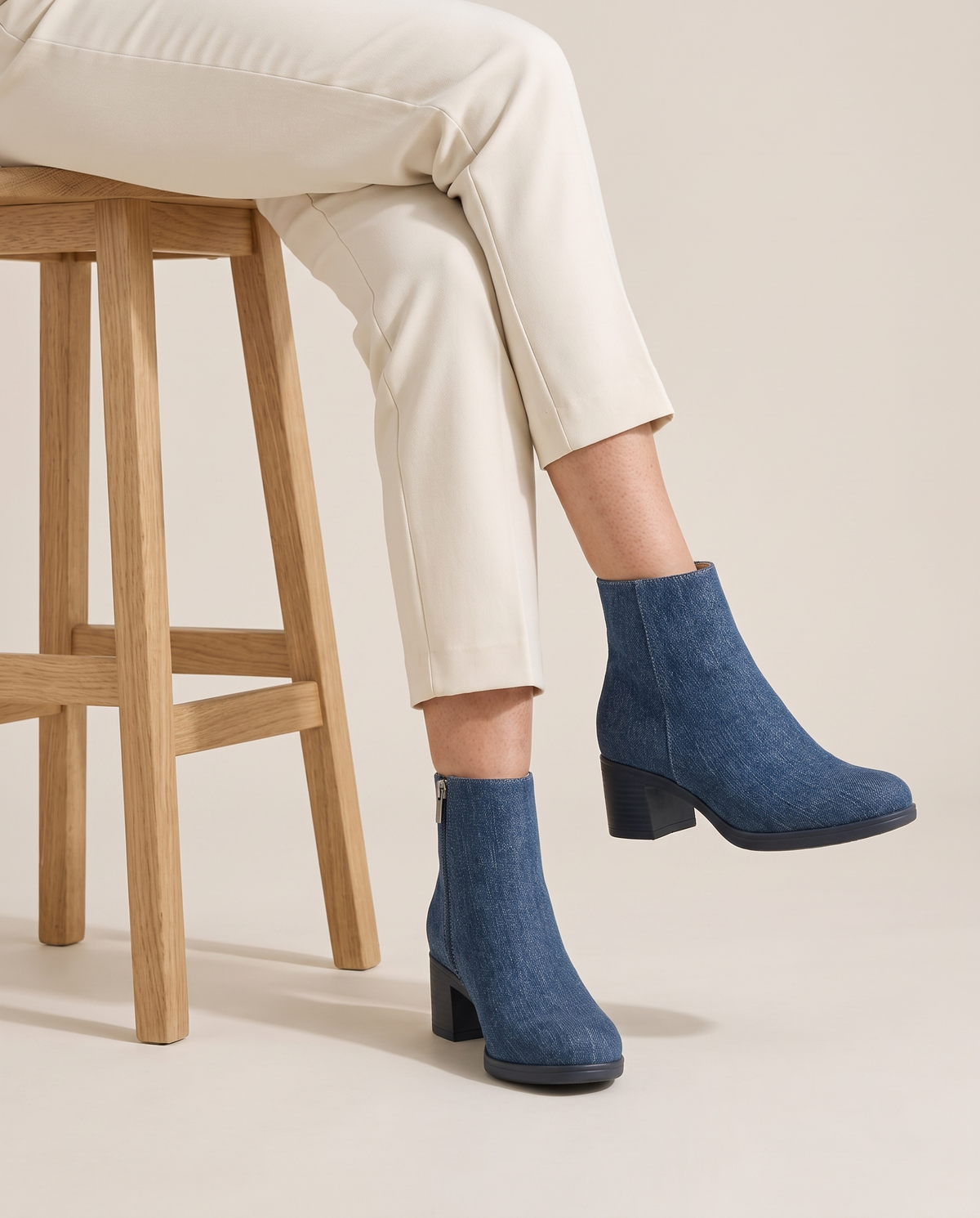 Orthopedic Denim Ankle Boots with Cushioned Sole — worn seated