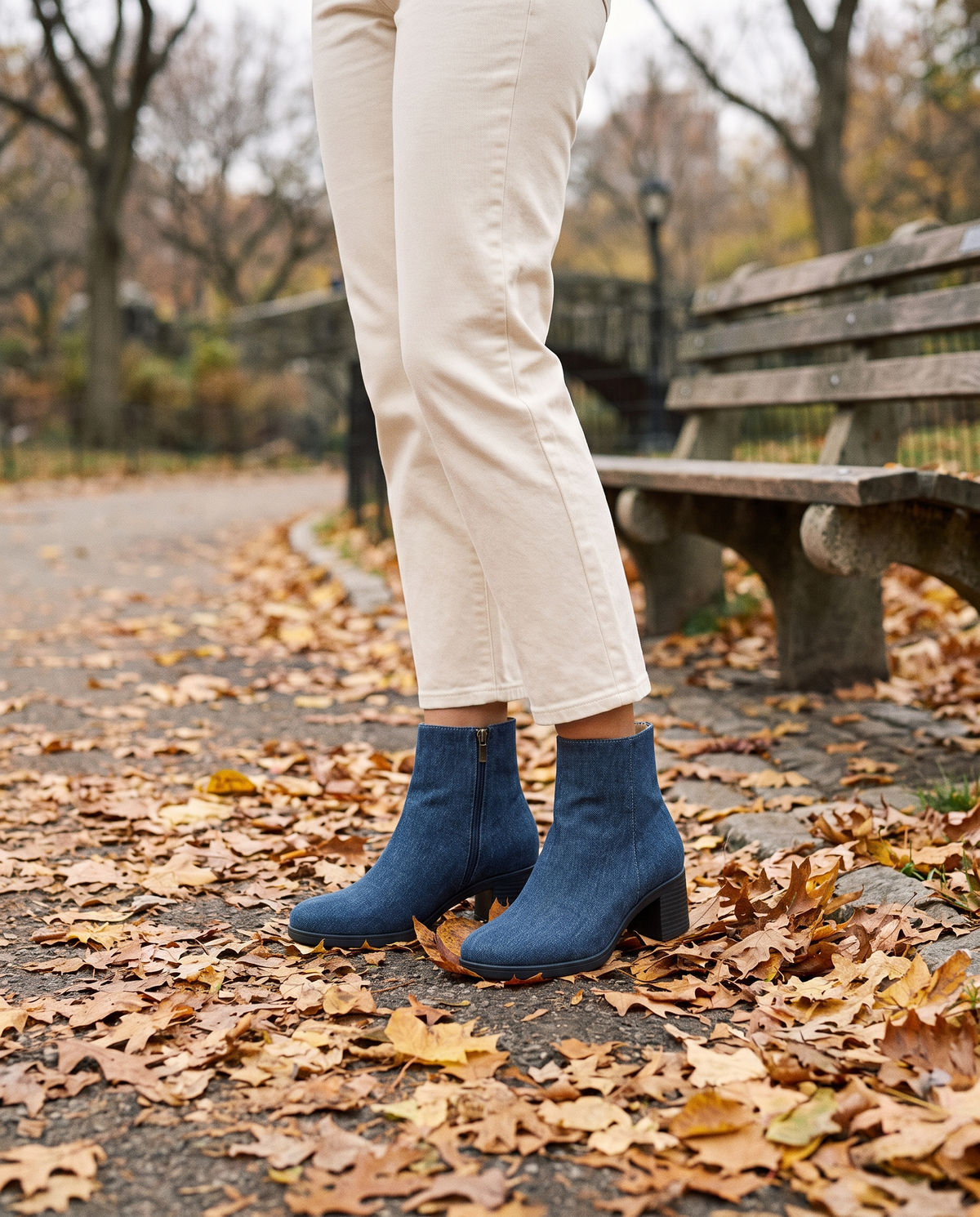 Orthopedic Denim Ankle Boots with Cushioned Sole — worn in Central Park in autumn