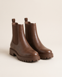 Lug Sole Chelsea Boots with Front and Back Pull Tabs — brown