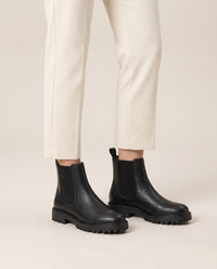 Lug Sole Chelsea Boots with Front and Back Pull Tabs — worn, studio