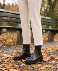 Lug Sole Chelsea Boots with Front and Back Pull Tabs — worn in Central Park in autumn