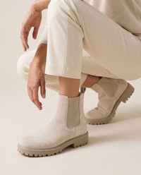 Fleece-Lined Chelsea Boots — worn, crouching