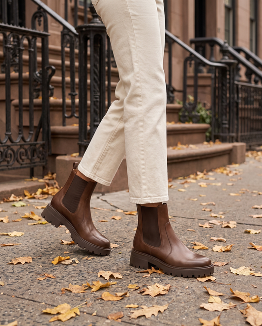 Block Heel Chelsea Boots with Lug Sole — worn on a New York street in autumn