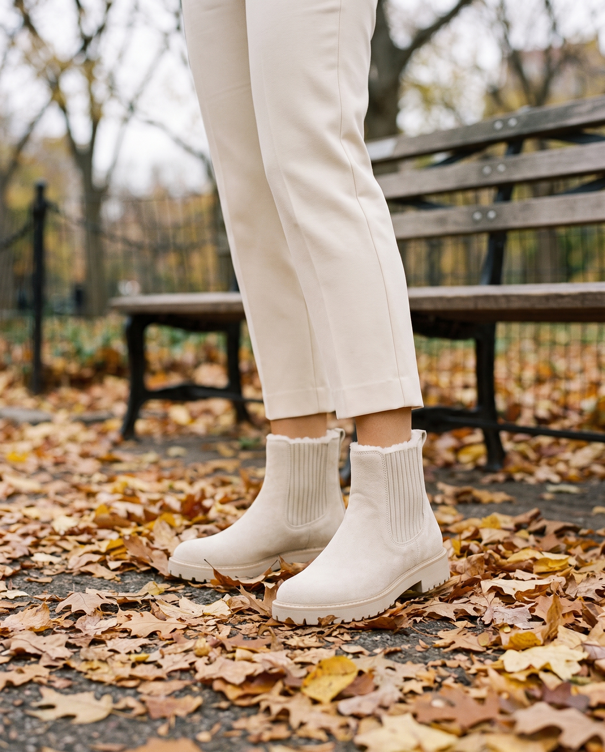 Fleece-Lined Chelsea Boots — worn in Central Park in autumn