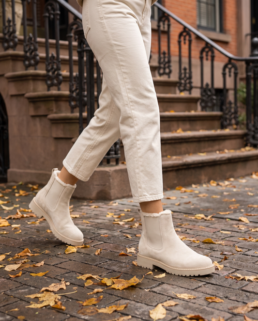 Fleece-Lined Chelsea Boots — worn on a New York street in autumn