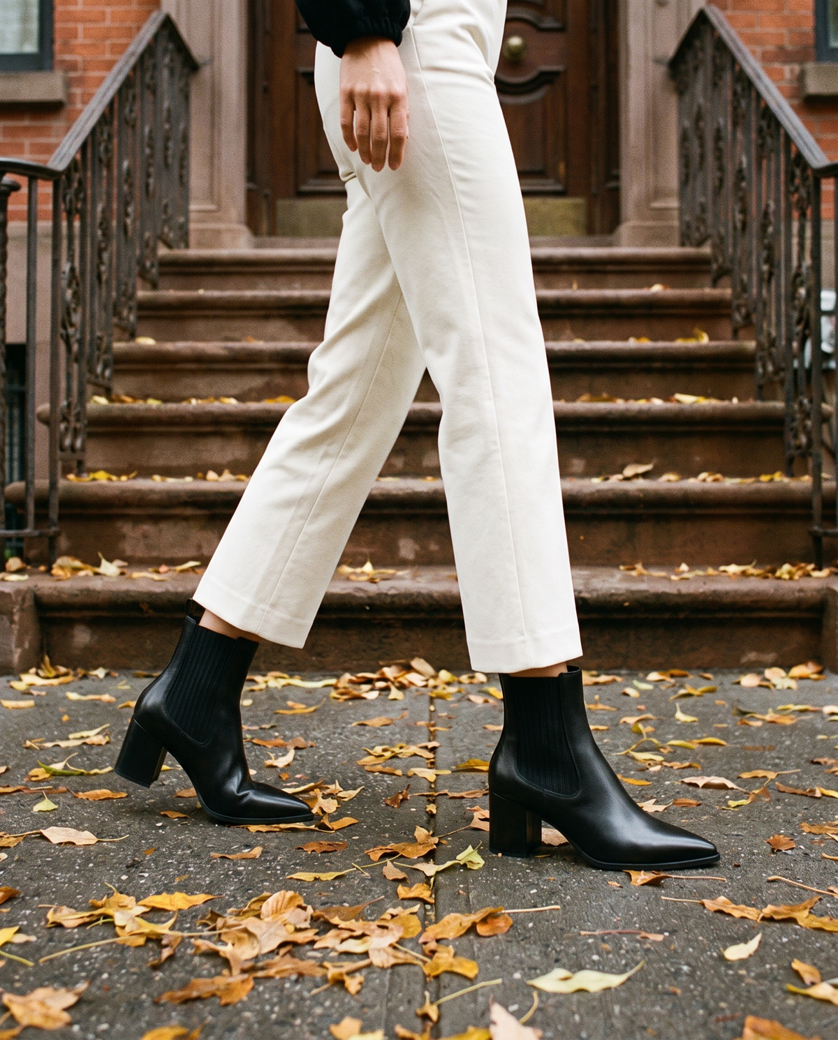Pointed Toe Chelsea Boots with Block Heel — worn on a New York street in autumn