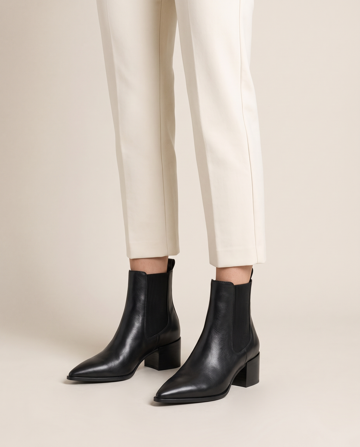 Pointed Toe Chelsea Boots with Block Heel — worn, studio