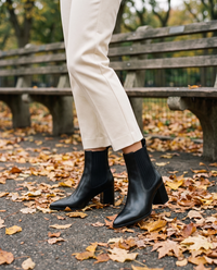 Pointed Toe Chelsea Boots with Block Heel — worn in Central Park in autumn