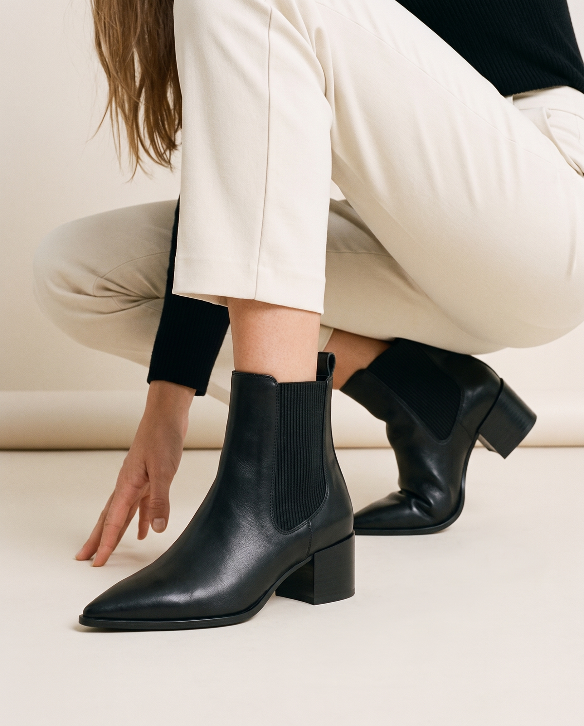 Pointed Toe Chelsea Boots with Block Heel — worn, crouching