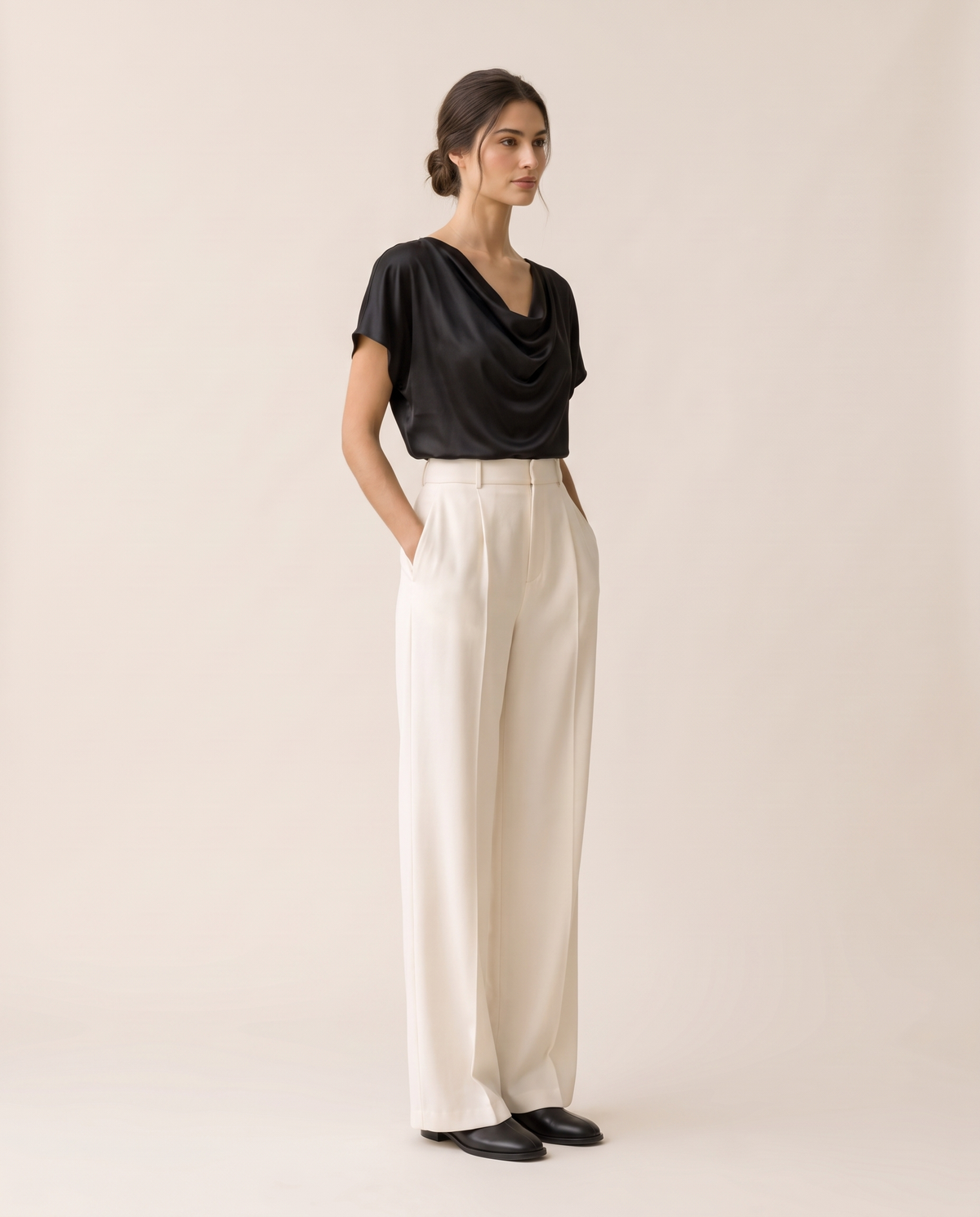 Uinta Elegant Draped Cowl Neck Top — three-quarter view