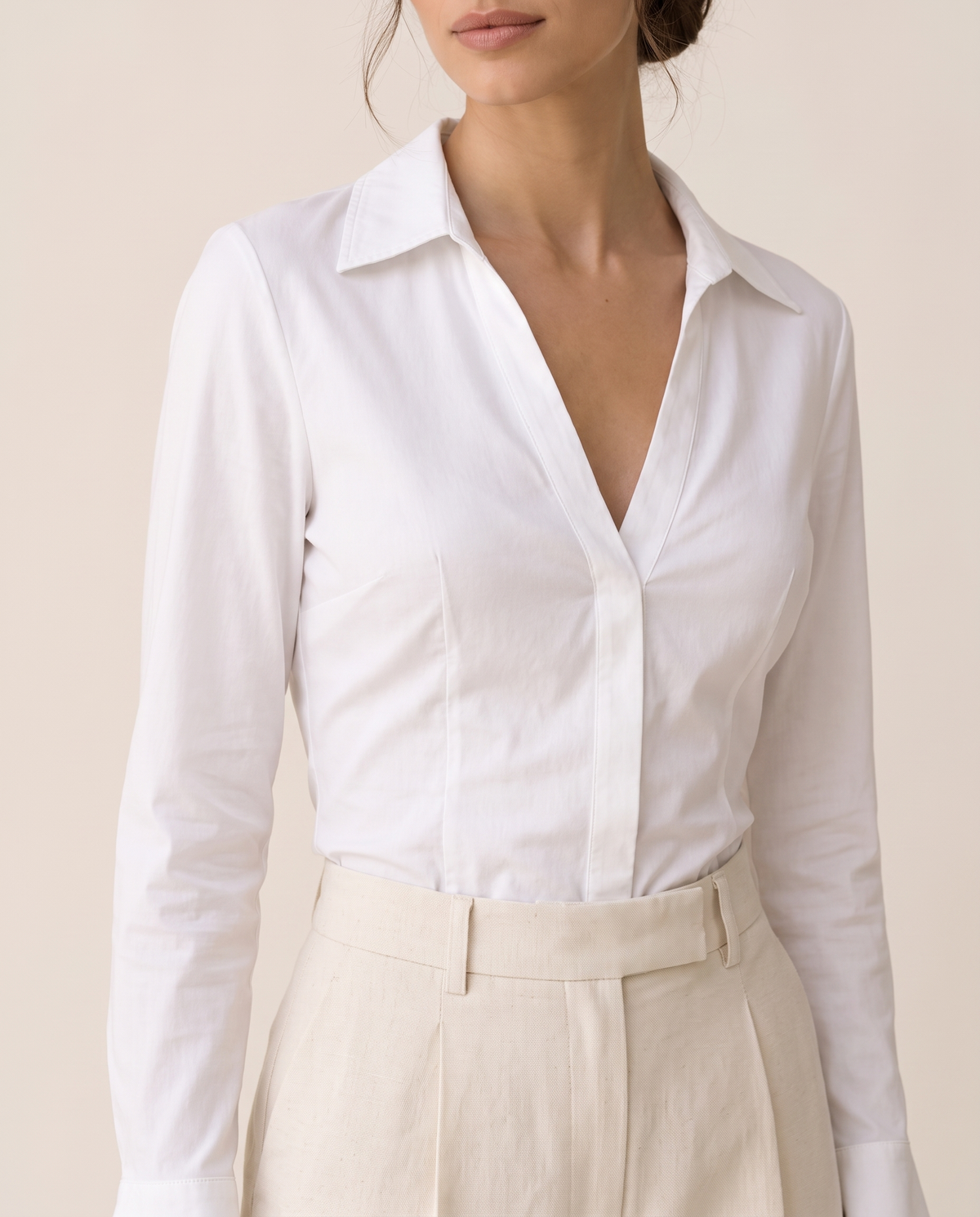 Spruce Sleek Fitted V-Neck Blouse — close-up