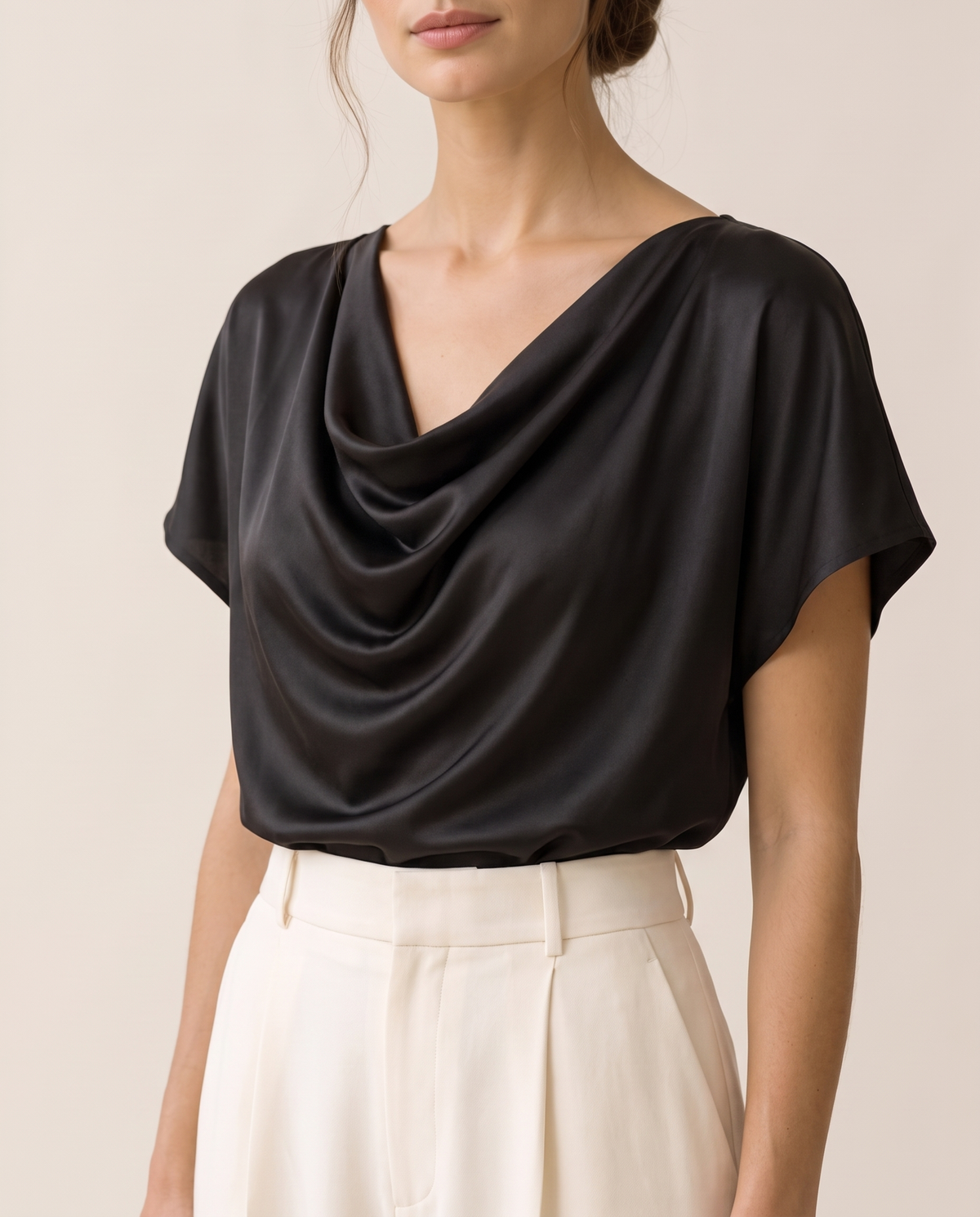 Uinta Elegant Draped Cowl Neck Top — close-up