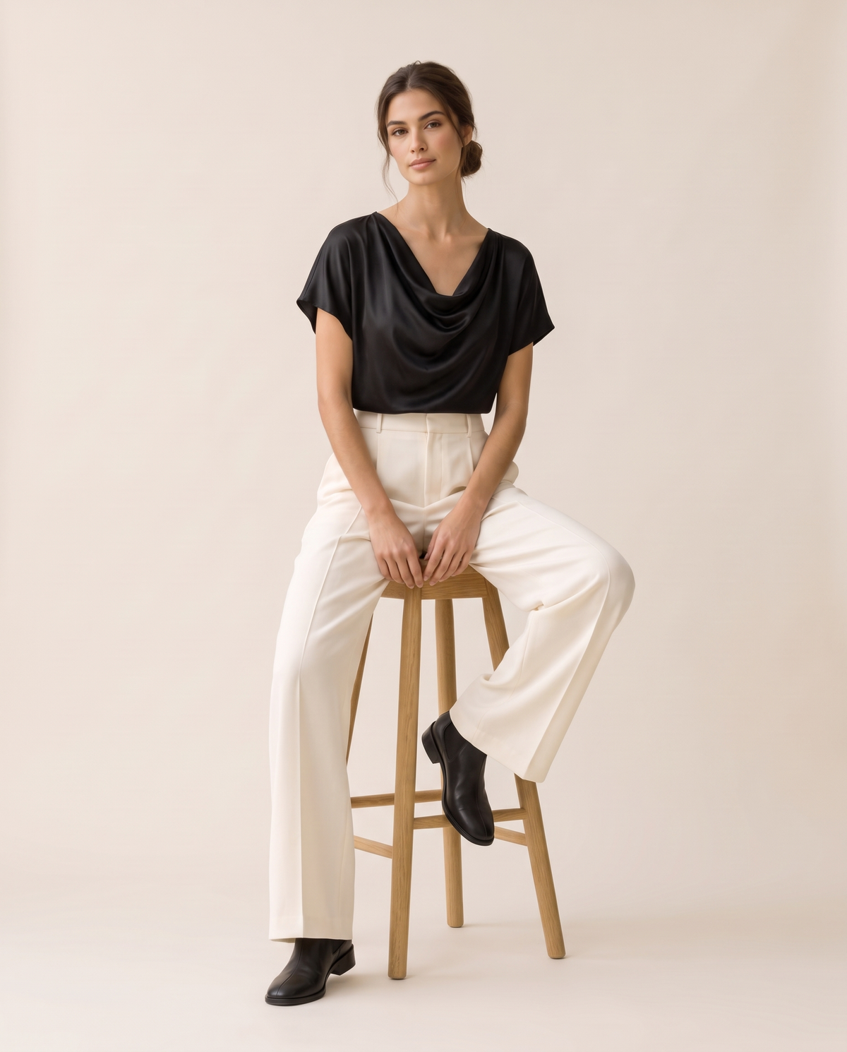 Uinta Elegant Draped Cowl Neck Top — seated