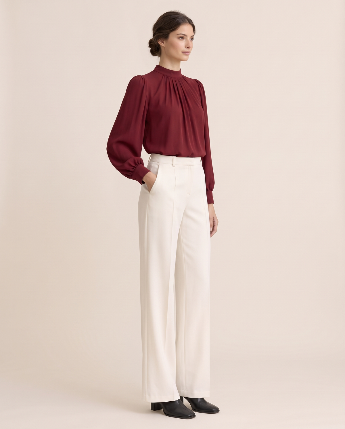 Covent Elegant Pleated Mock Neck Blouse — three-quarter view