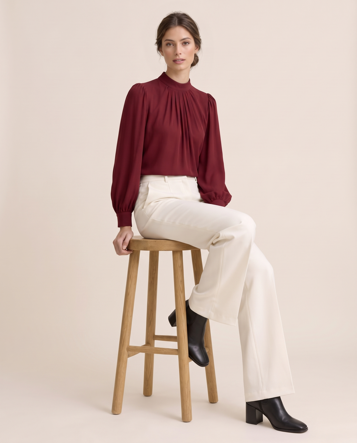 Covent Elegant Pleated Mock Neck Blouse — seated