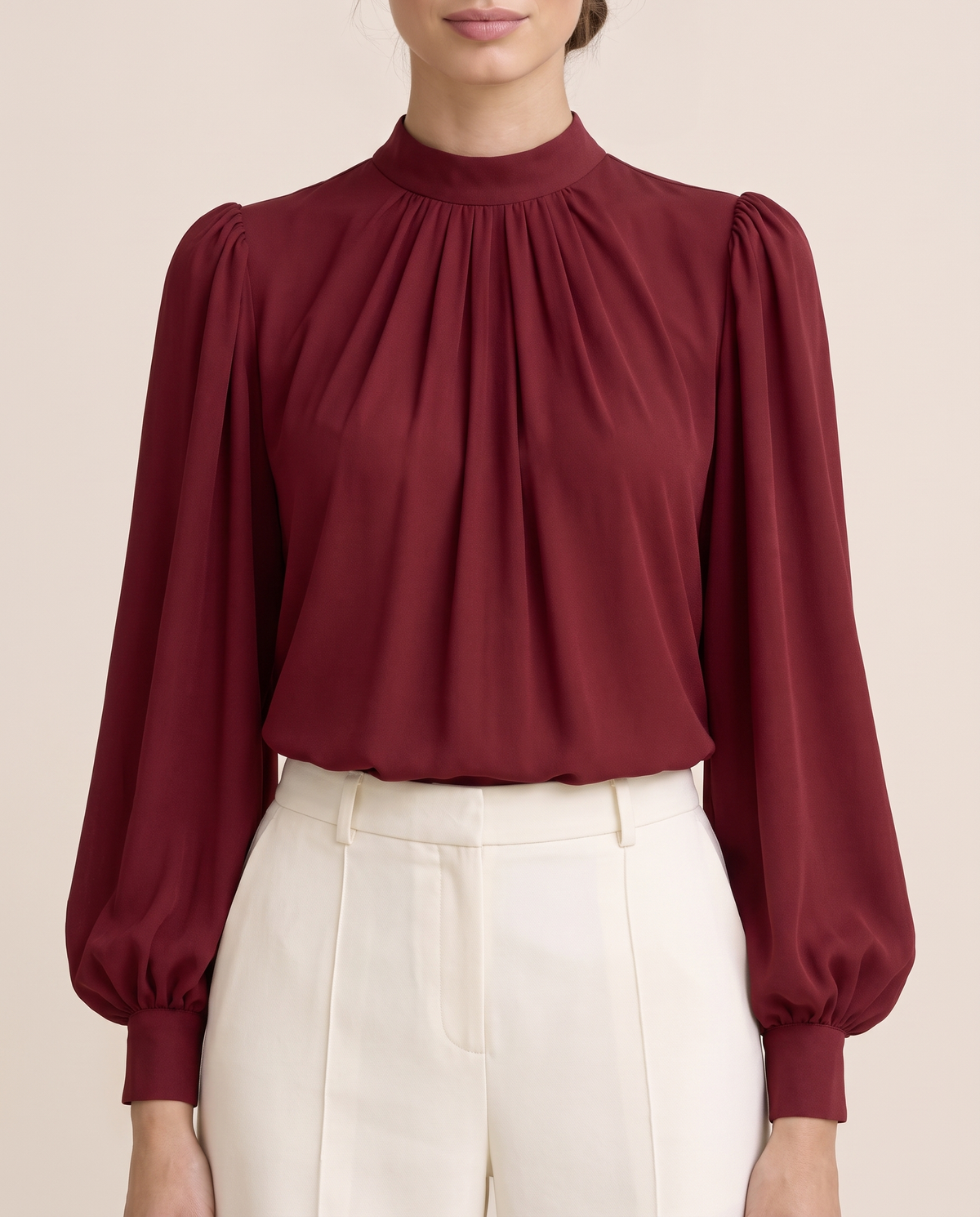 Covent Elegant Pleated Mock Neck Blouse — close-up