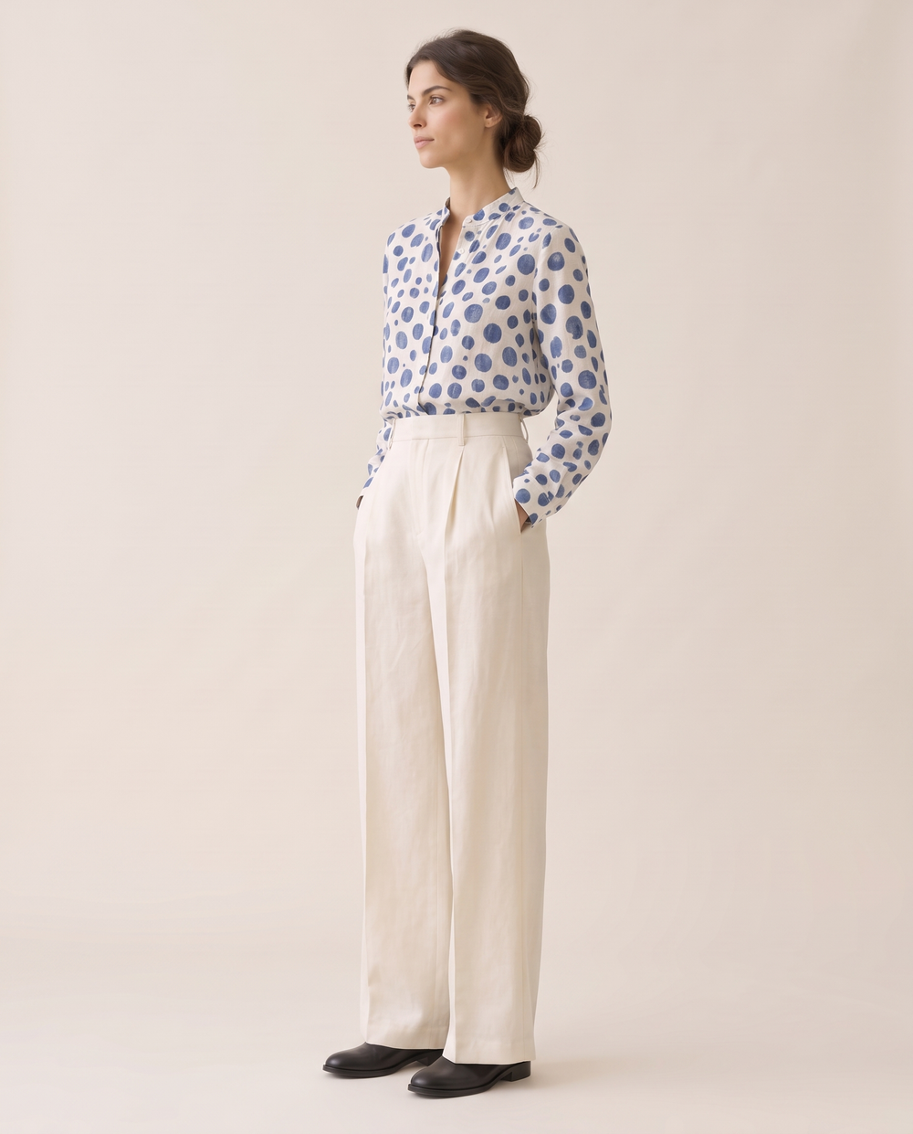 Wexford Polka Dot Stand-Collar Top — three-quarter view