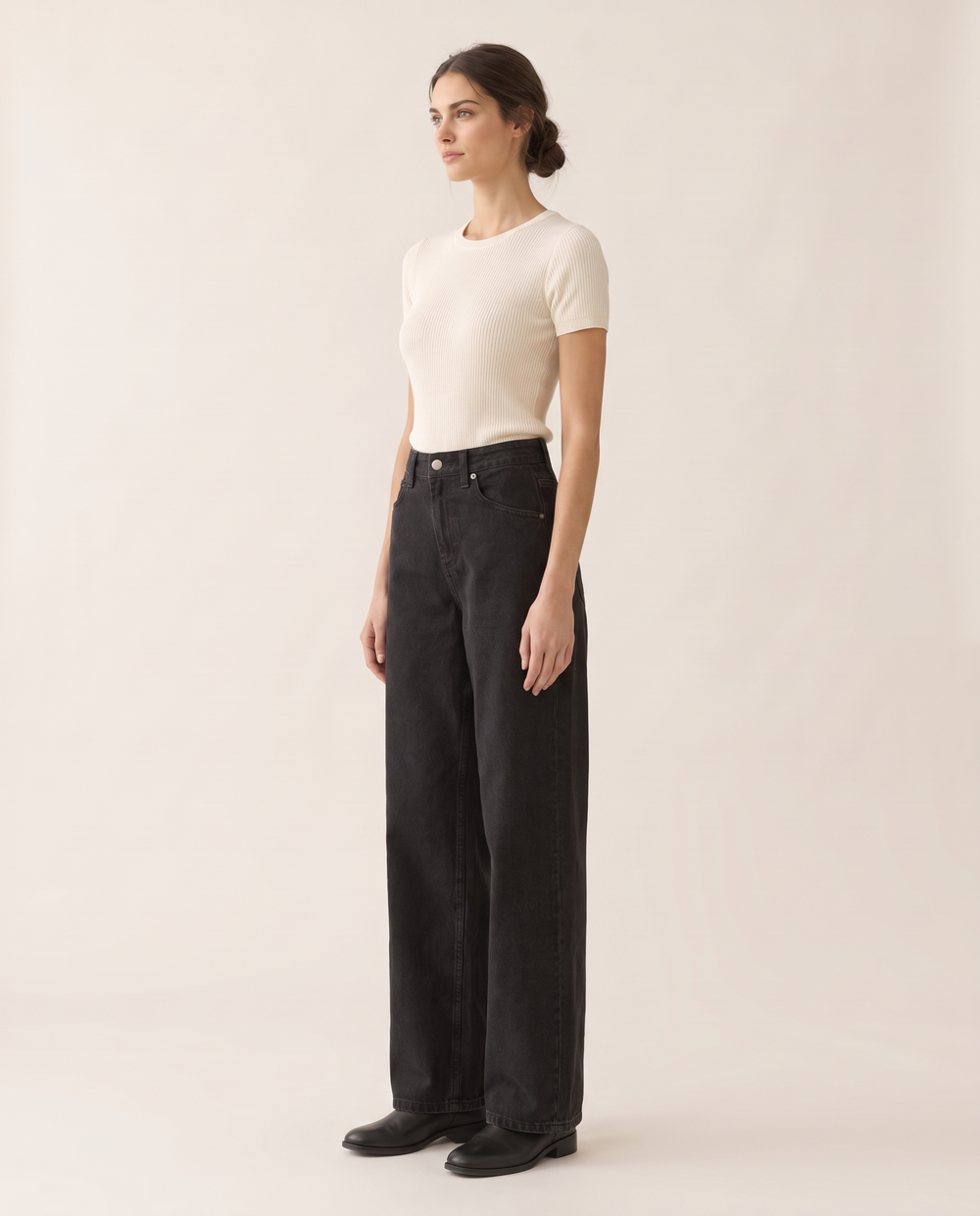 Sadie Black Denim Wide Leg Jeans — three-quarter view