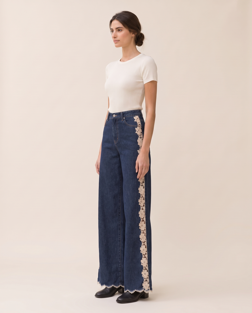 Belinda Lace Inset High Waisted Jeans — three-quarter view