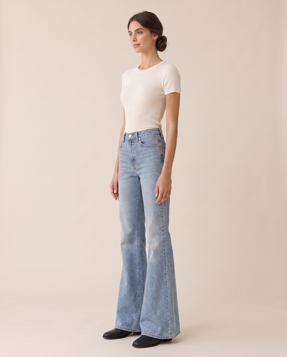 Loretta Denim Flare Jeans — three-quarter view