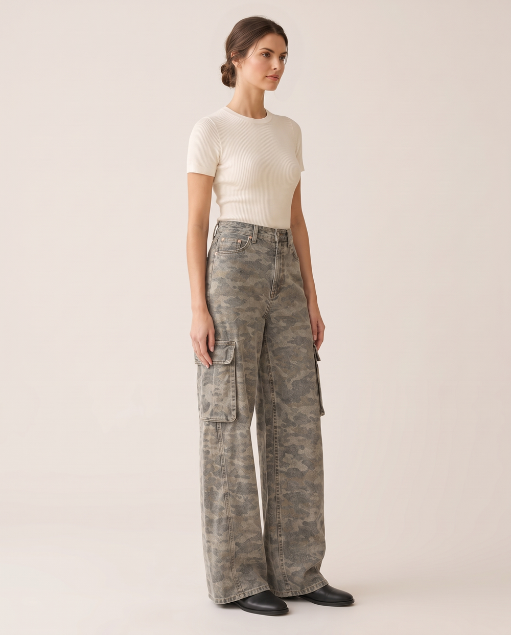 Calpurnia Wide Leg Cargo Jeans — three-quarter view