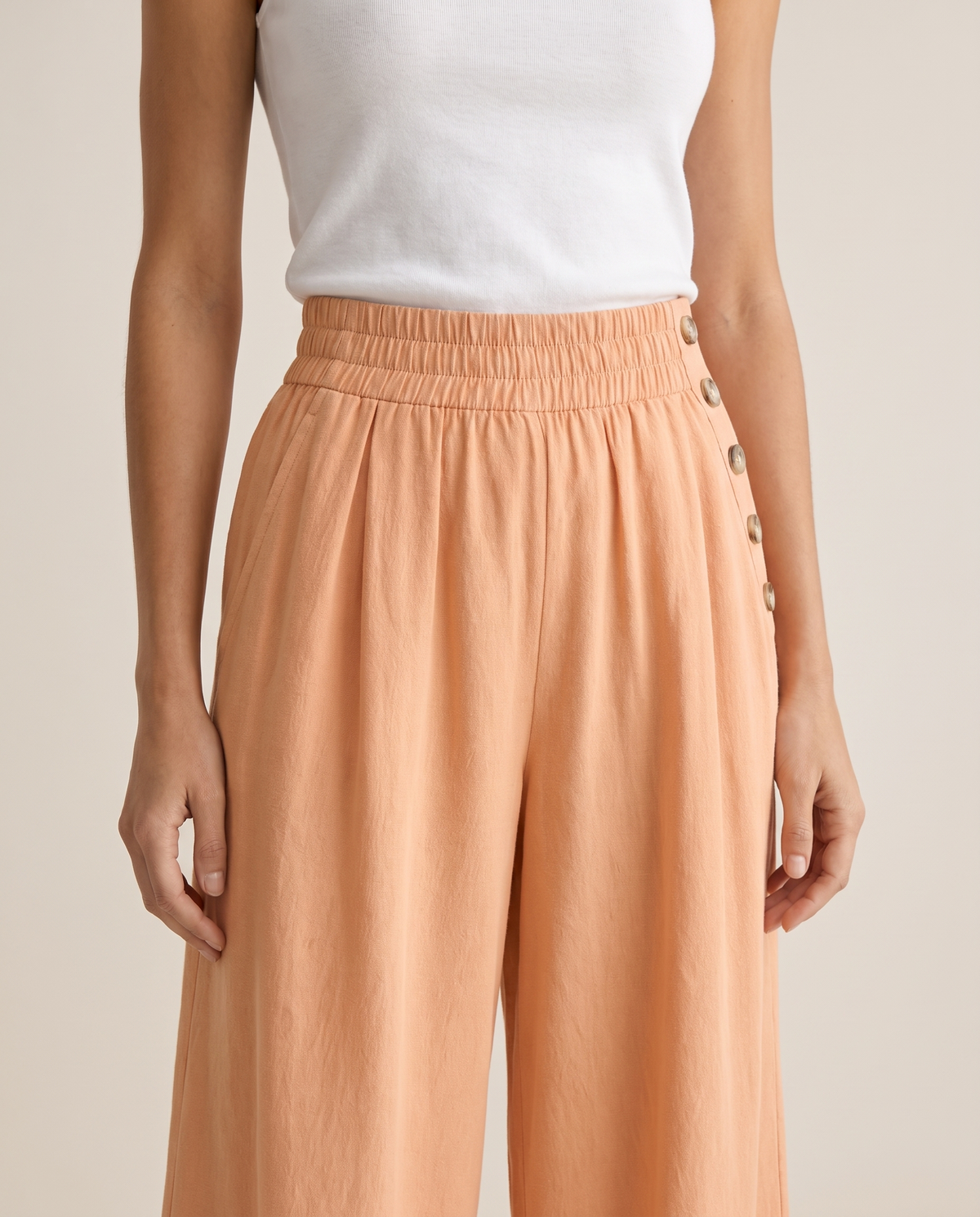 Denali Tailored Button-Trim Wide-Leg Pants — waist close-up