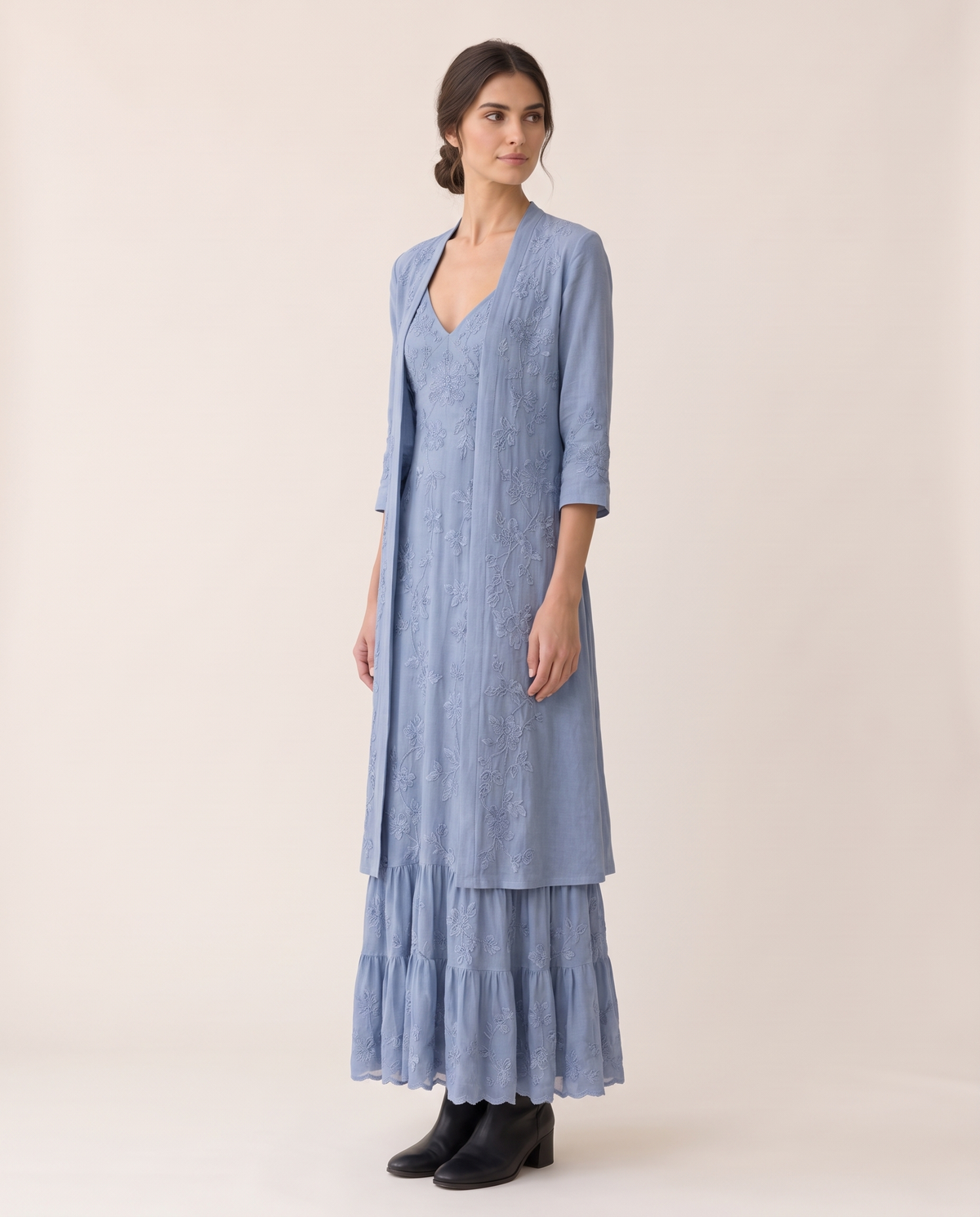 Avignon Embroidered Maxi Dress and Jacket — three-quarter view