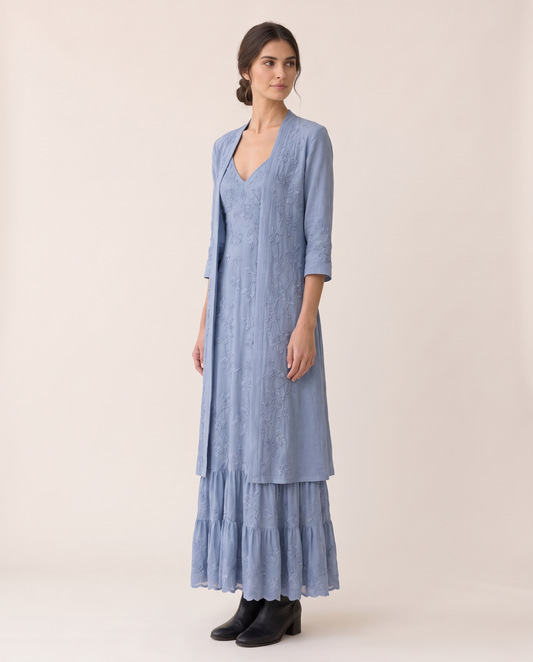 Avignon Embroidered Maxi Dress and Jacket — three-quarter view