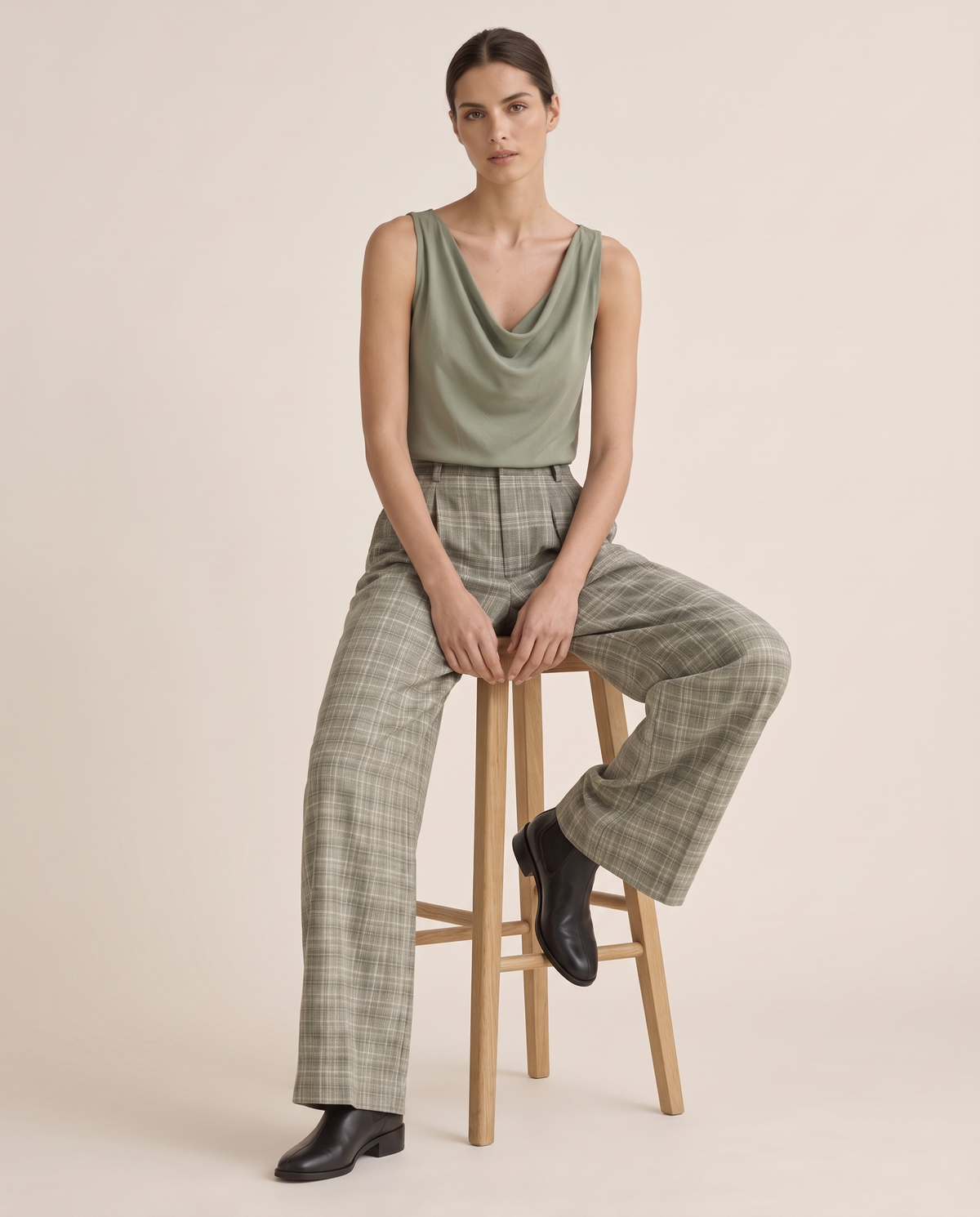 Brambleton Cowl-Neck Top and Wide-Leg Pants — seated