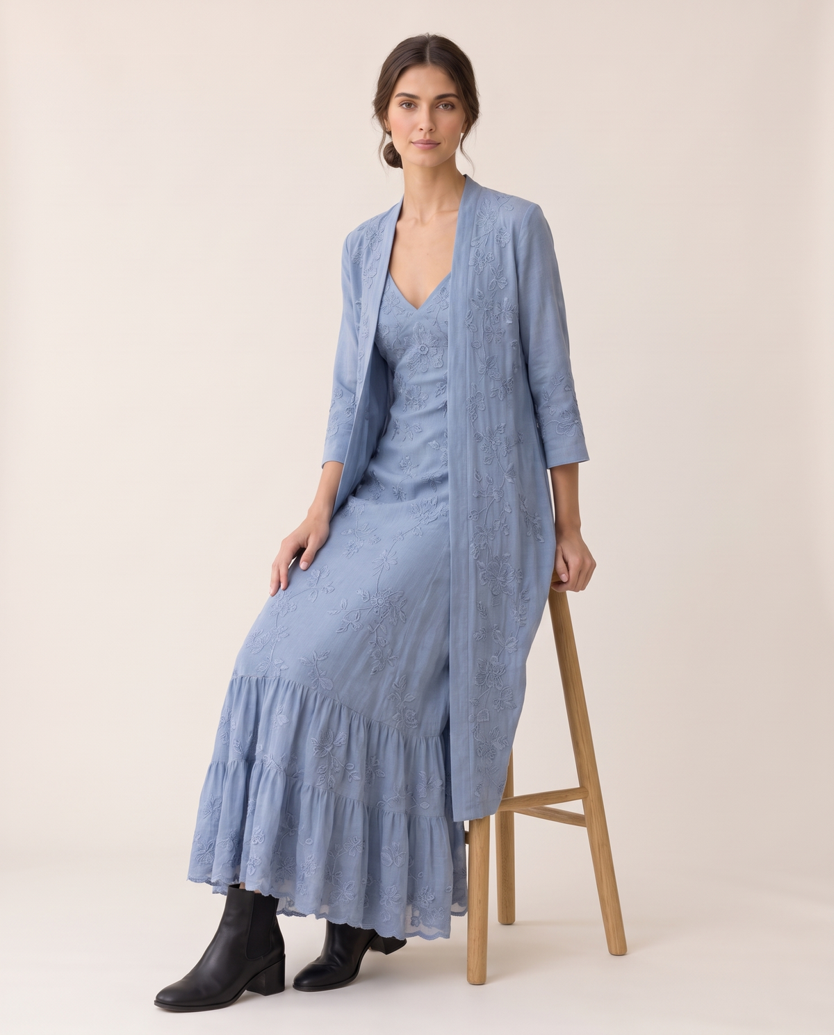 Avignon Embroidered Maxi Dress and Jacket — seated