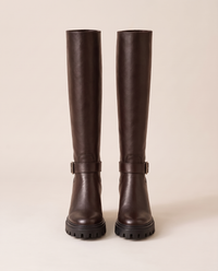 Knee-High Boots with Buckle Strap and Lug Sole — dark brown