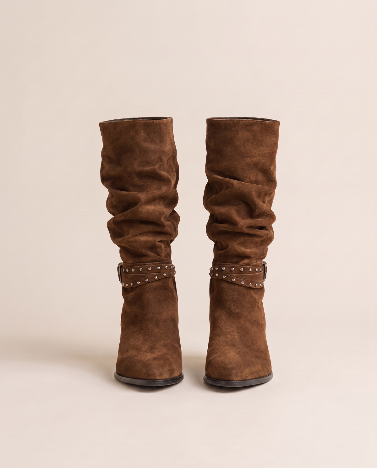 Slouchy Suede Mid-Calf Boots with Stud Strap — brown