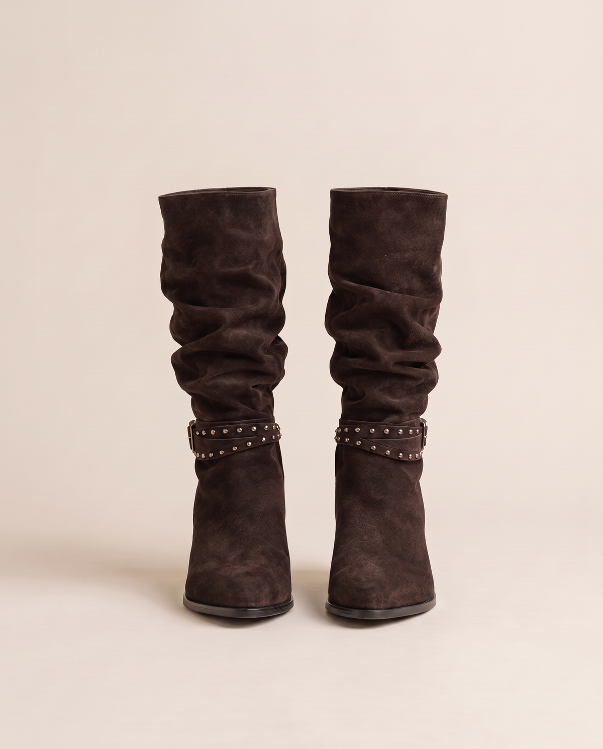 Slouchy Suede Mid-Calf Boots with Stud Strap — dark brown