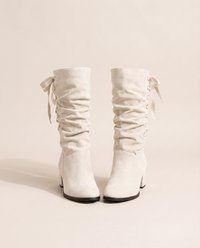 Slouchy Mid-Calf Boots with Ribbon Lace-Up Back — white