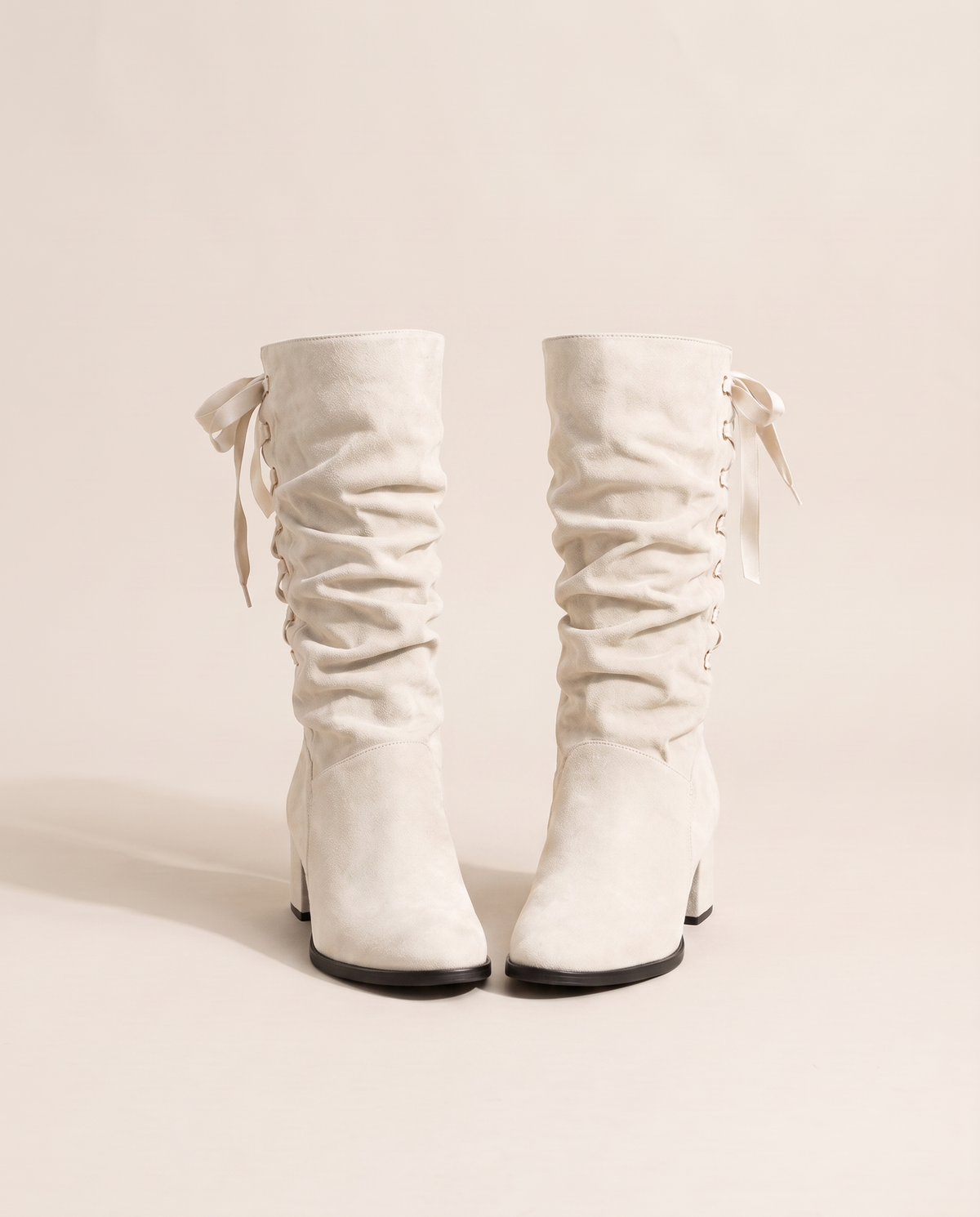 Slouchy Mid-Calf Boots with Ribbon Lace-Up Back — white