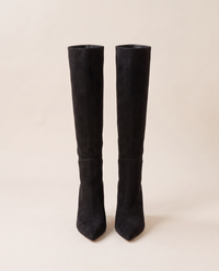 Pointed Toe Knee-High Boots with Wide Opening — black suede