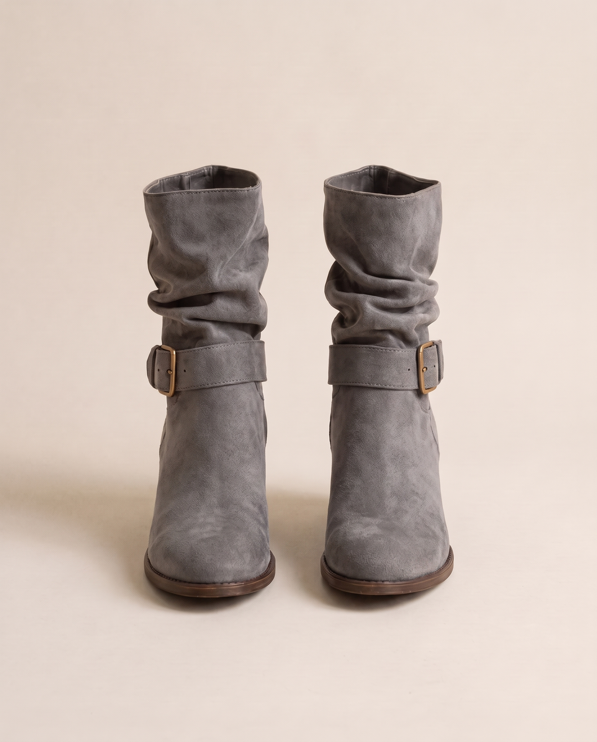 Slouch Ankle Boots with Buckle Strap — gray