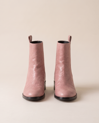 Ankle Boots with Side Pull Tabs and Low Block Heel — pink