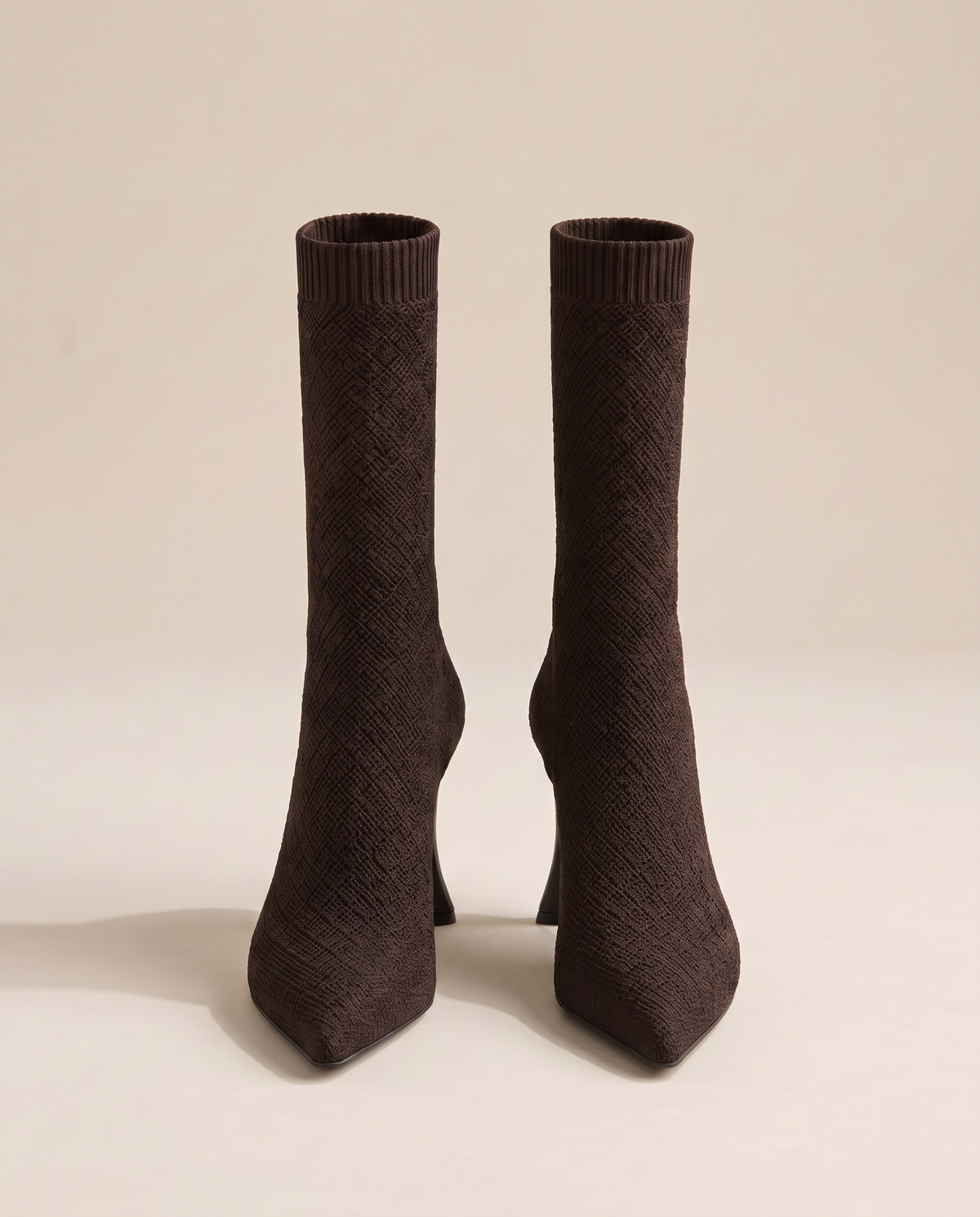 Pointed Toe Sock Boots in Stretch Knit with Slim Heel — dark brown