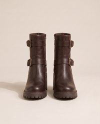 Moto Ankle Boots with Double Buckle and Chunky Heel — dark brown