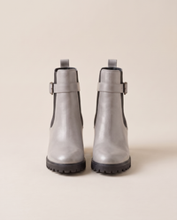 Pull-On Ankle Boots with Buckle Strap and Lug Sole — silvery gray