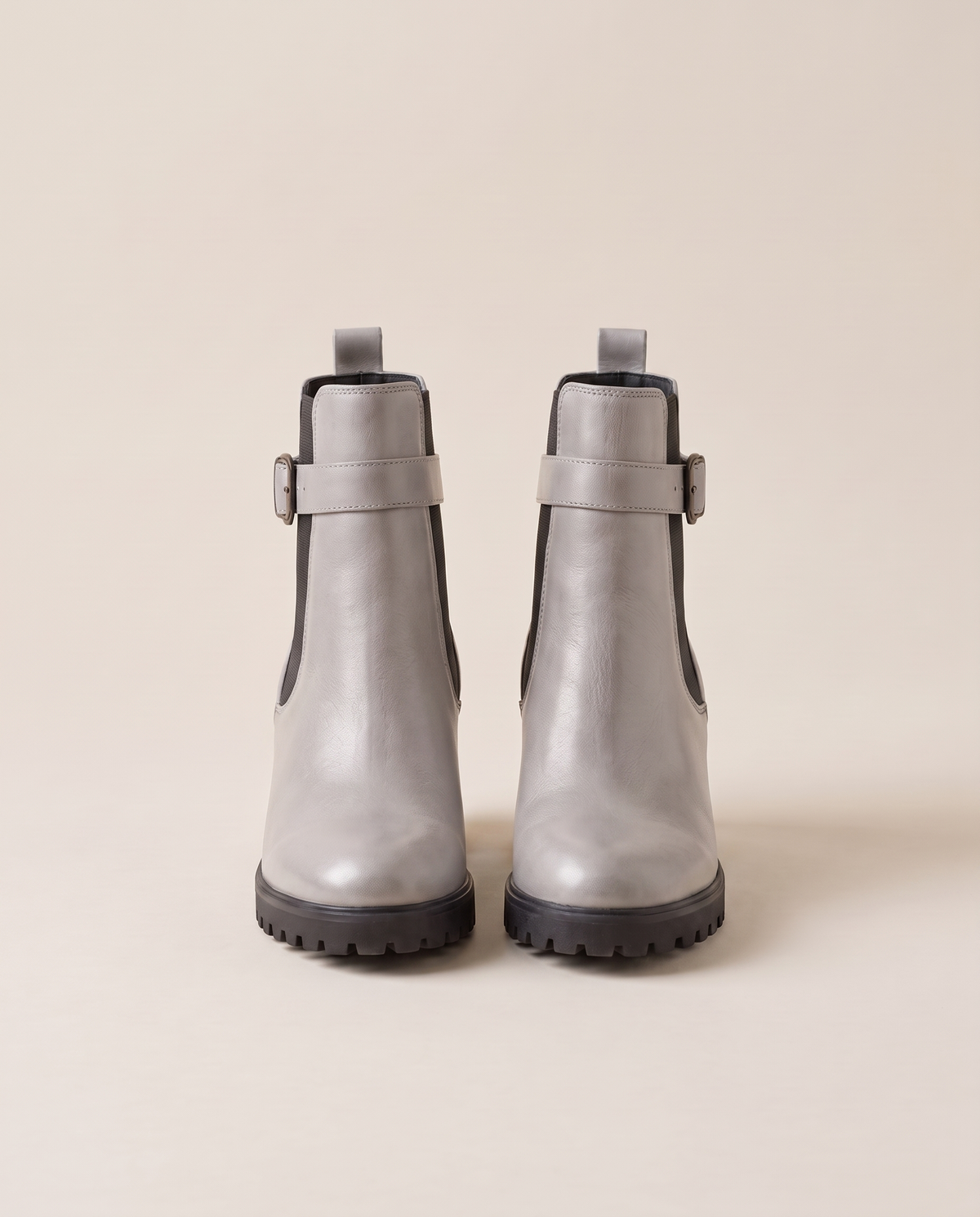Pull-On Ankle Boots with Buckle Strap and Lug Sole — silvery gray