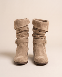 Suede Slouch Ankle Boots with Fold-Over Cuff — beige
