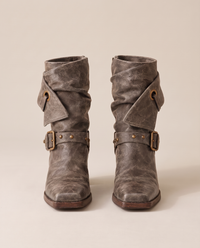Distressed Ankle Boots with Buckle Straps — gray
