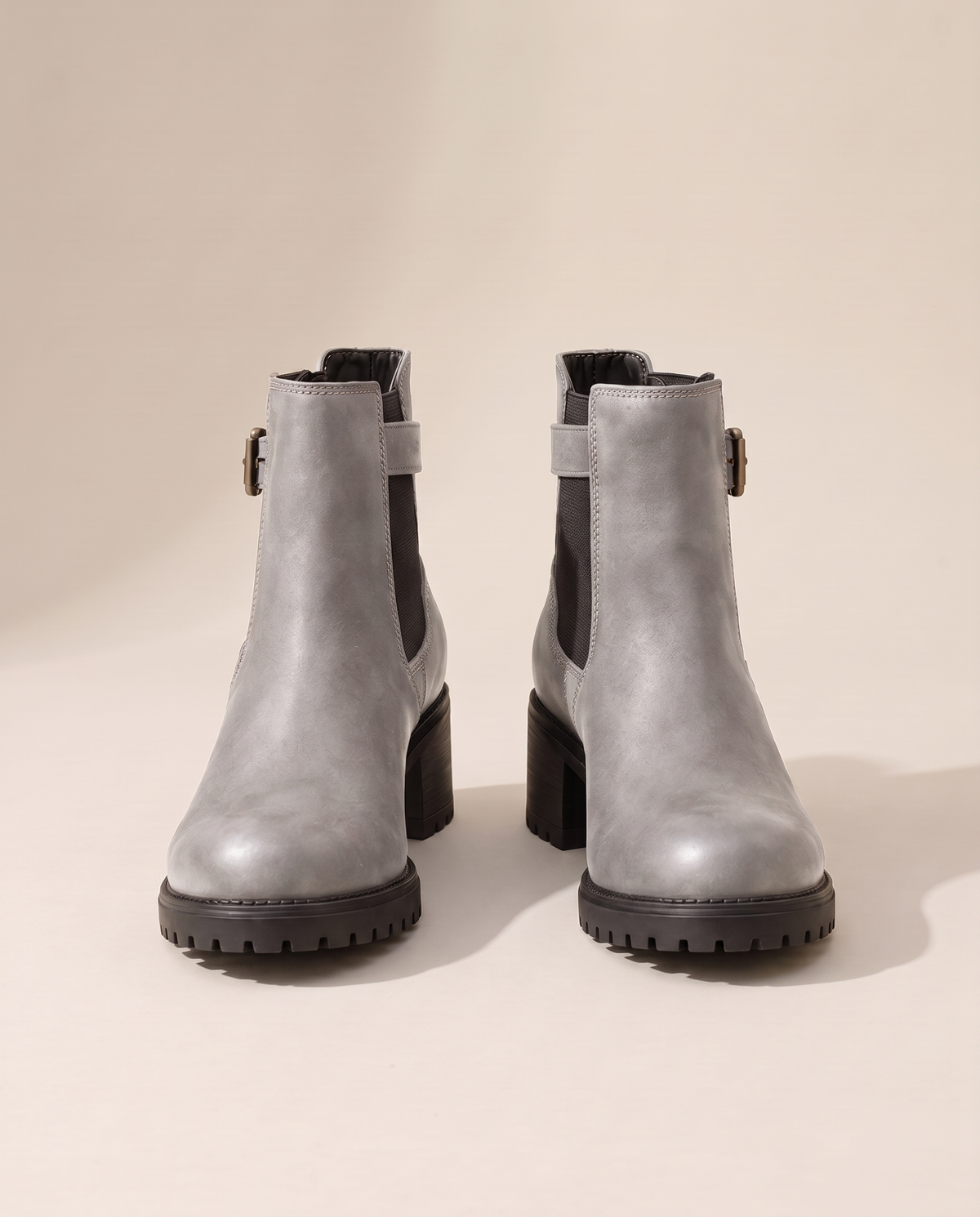 Chelsea Ankle Boots with Buckle Strap and Lug Sole — silvery gray