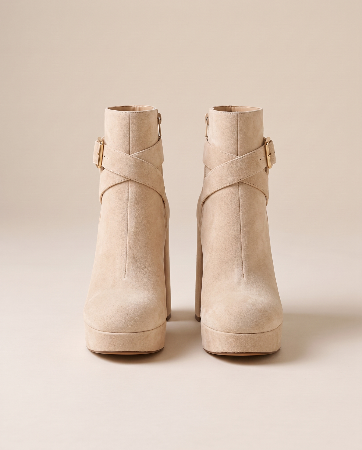 Block Heel Ankle Boots with Crossover Buckle Strap — almond