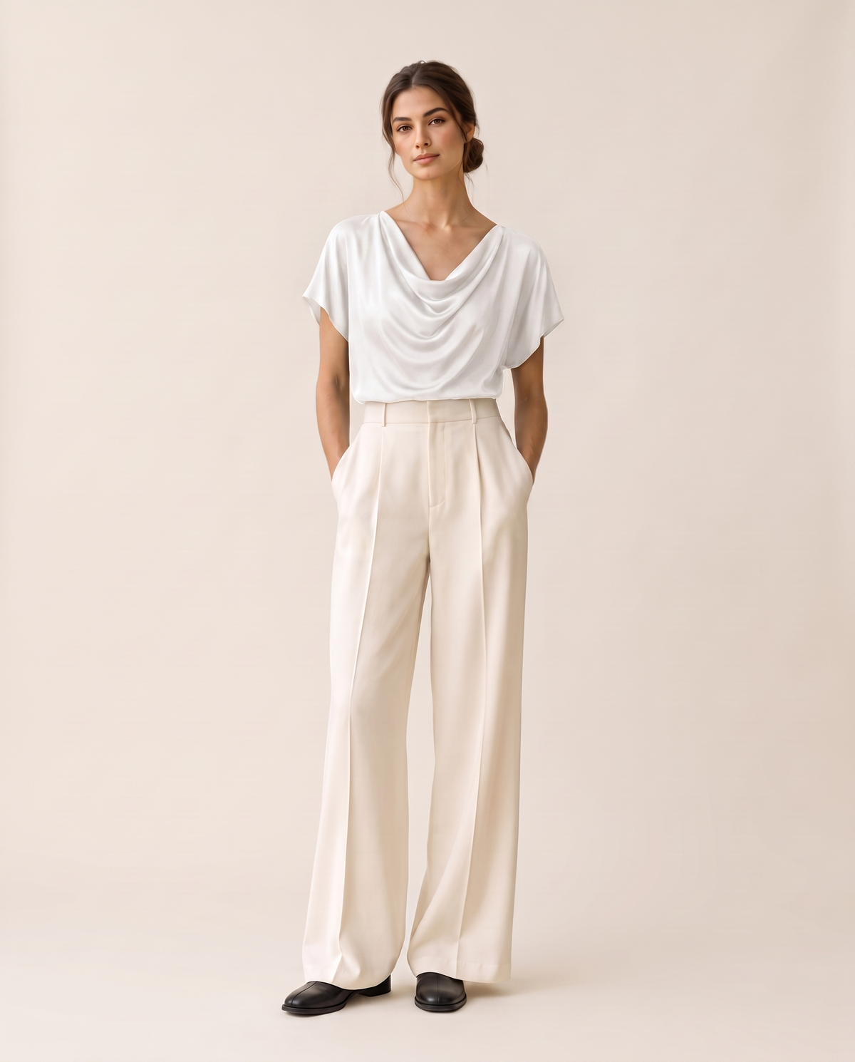 Uinta Elegant Draped Cowl Neck Top — white