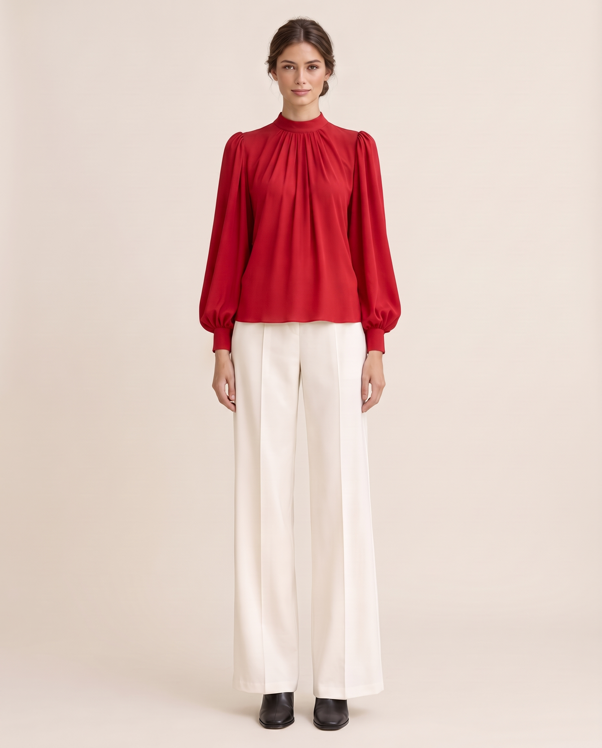 Covent Elegant Pleated Mock Neck Blouse — red