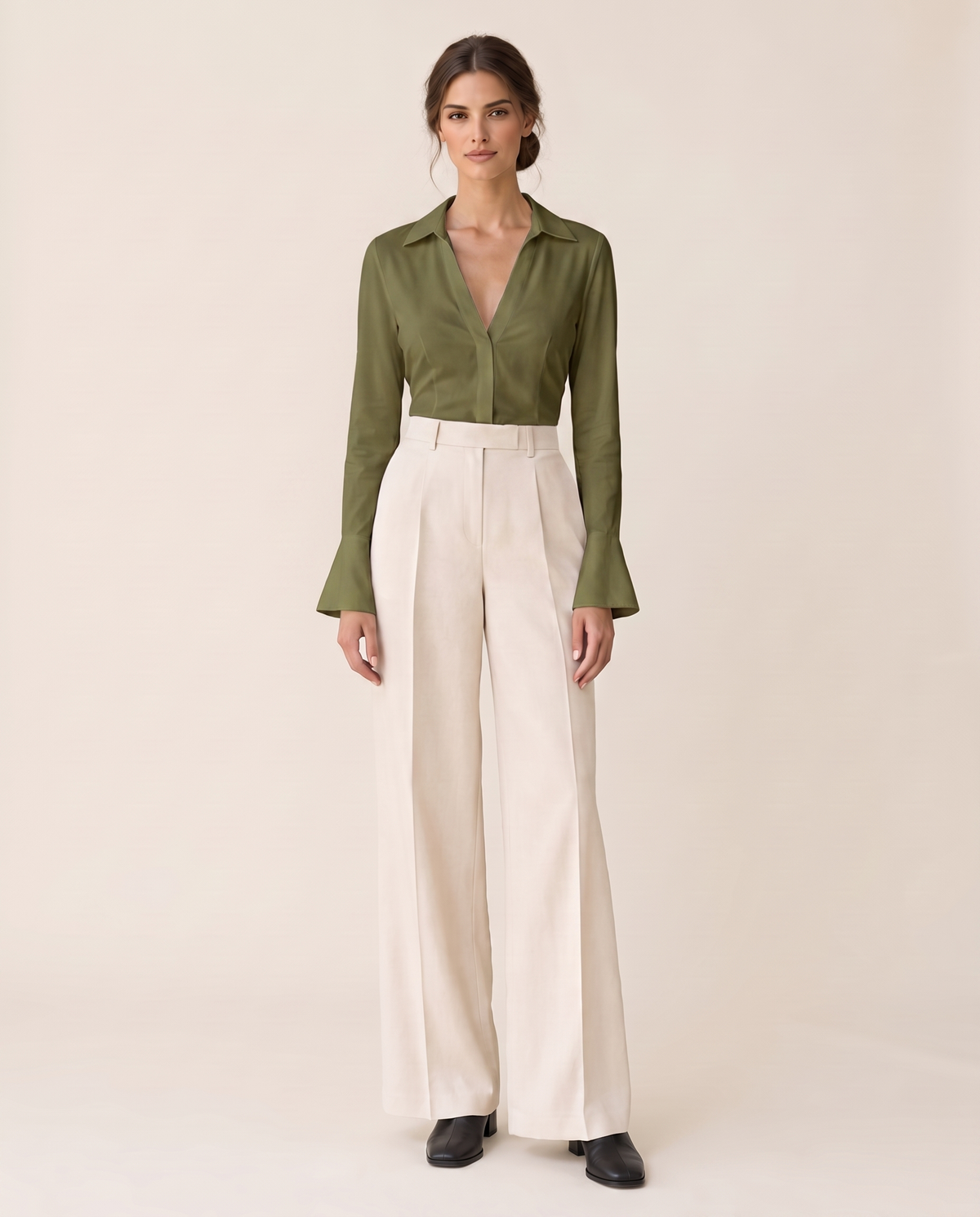 Spruce Sleek Fitted V-Neck Blouse — army green