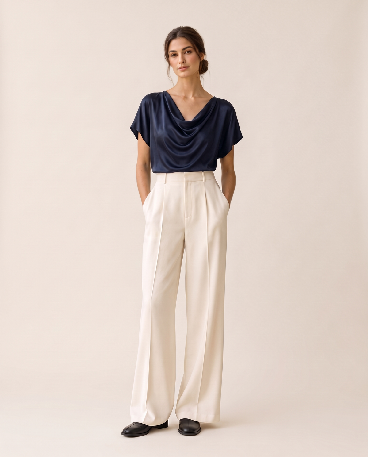 Uinta Elegant Draped Cowl Neck Top — navy blue